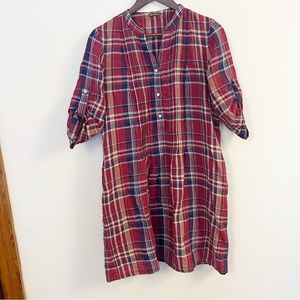 J. McLaughlin Rivera Plaid Linen Dress Size Medium Red/Blue Button Front